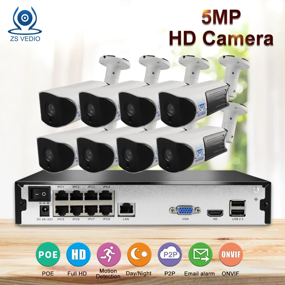 ZSVEDIO H.265 16CH nvr kit p2p наблюдение ONVIF 5mp IP Камера открытый UHD мужской автоматическое