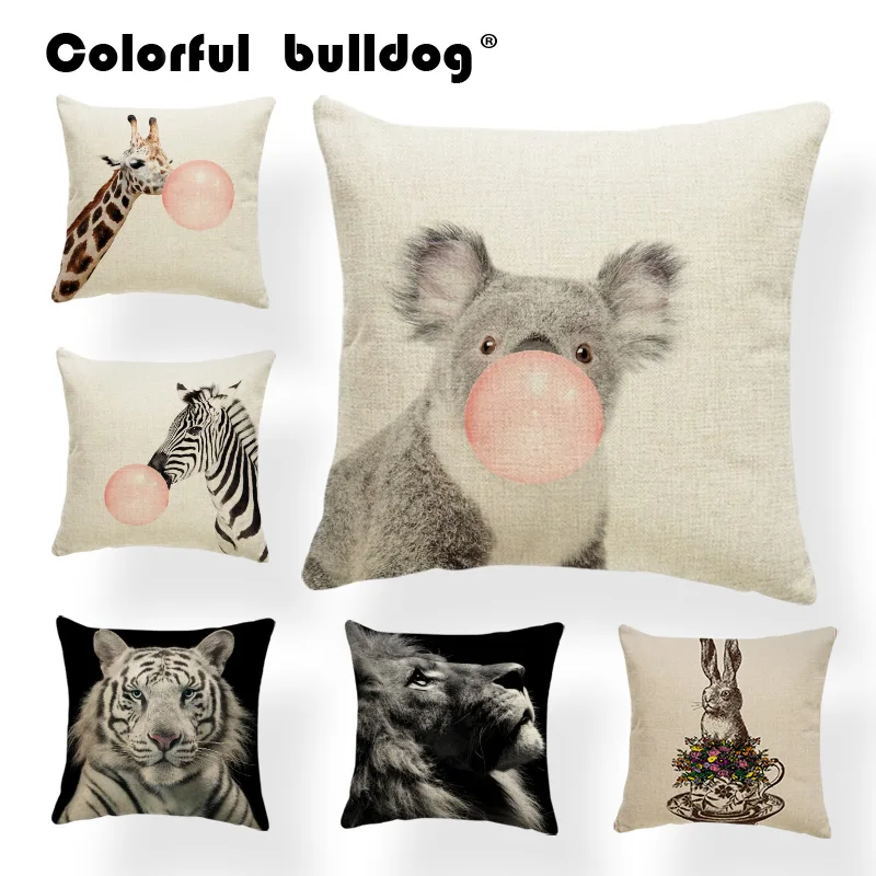 

Cute Animal Pattern Cushion Set Koala Giraffe Zebra Tiger Lion Monochrome Pillow 45X45Cm Polyester Decor Backyard Bench Pillow