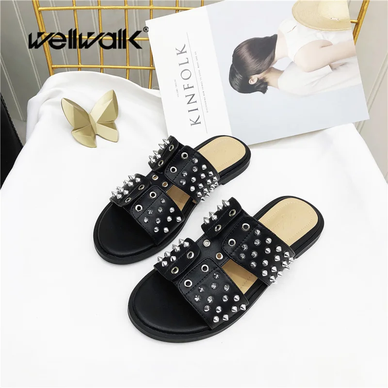 Wellwalk/Роскошные шлепанцы женские домашние тапочки с заклепками сандалии на