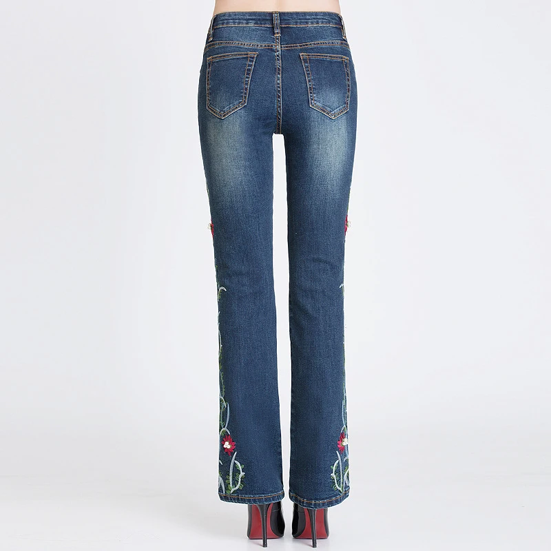 Женские джинсы с высокой талией FERZIGE эластичные расклешенные брюки вышивкой и