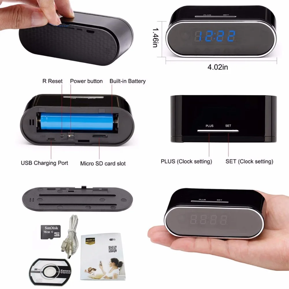 H.264 WiFi настольные часы мини камера 1080P HD IP P2P DVR видеокамера будильник набор