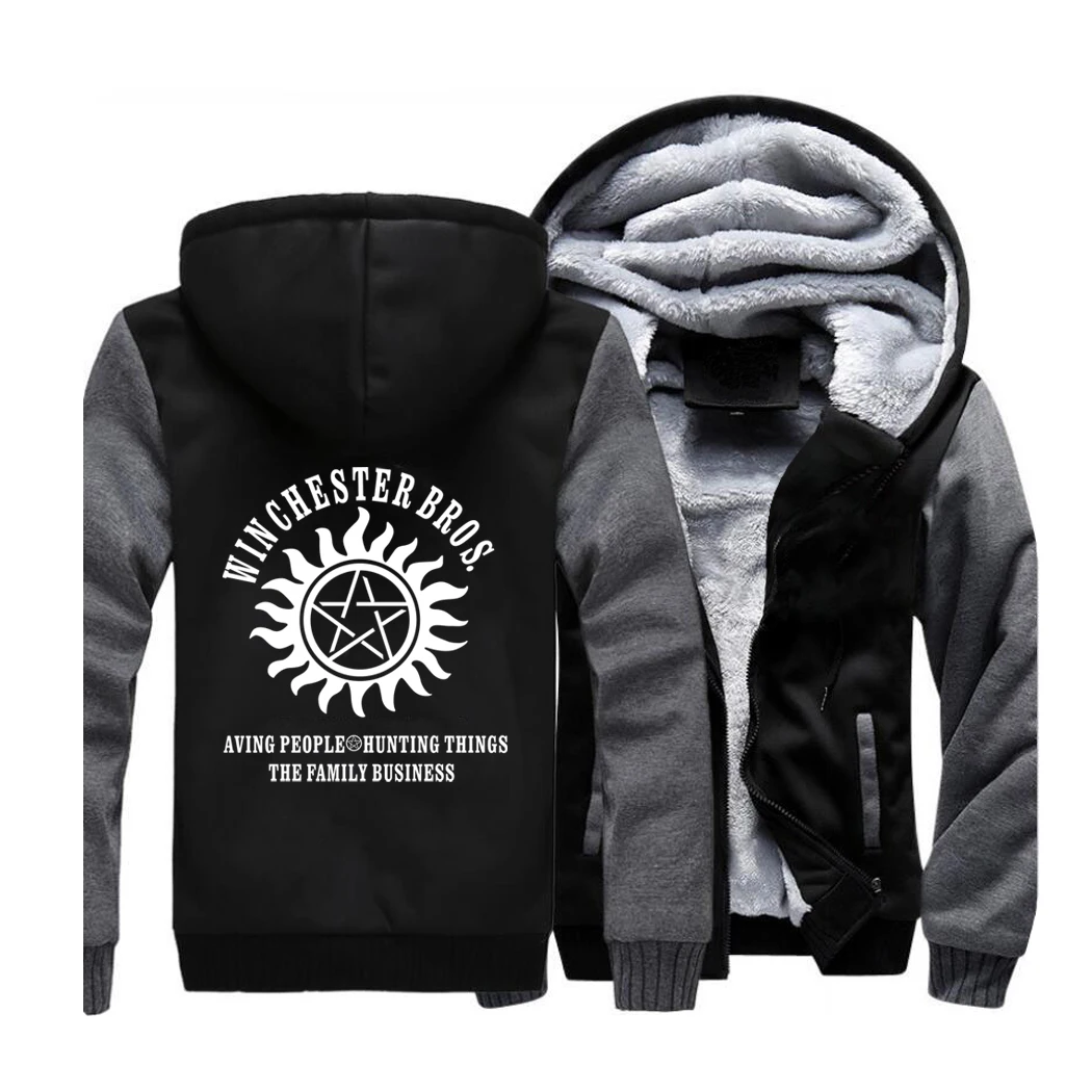 Supernatural Streetwear Hoodies Winchester Brothers Sweatshirt Men Winter Fleece Thick Hooded Sportswear Coat Hoodie Jackets - Color: dark gray black  5