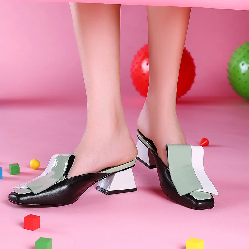 

WETKISS Genuine Leather Slippers Woman Square Toe Footwear Fashion High Heels Slides Shoes Female Mules Shoes Women Summer 2019