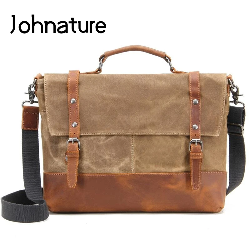 

Johnature 2021 New Vintage Men Satchels Bag Canvas With Crazy Horse Leather Waterproof Large Capacity Handbag Laptop Bag
