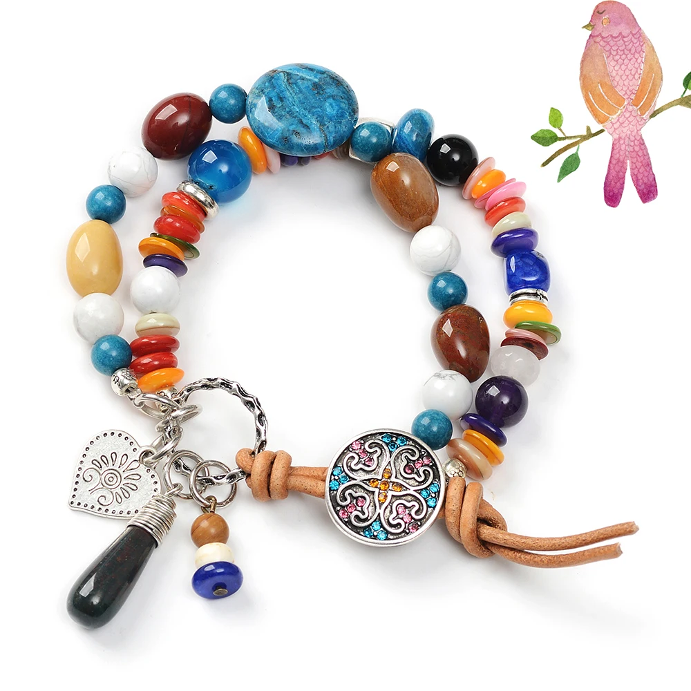 Ручной работы 2 нити пары Кнопка Браслеты Многоцветный натуральный камень