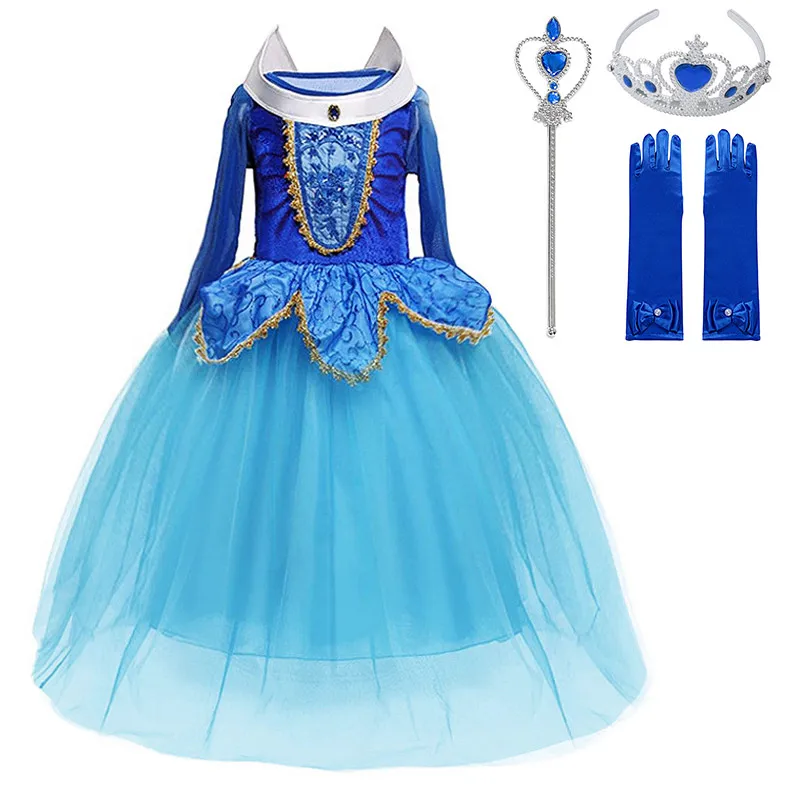 Aurora Dress Set B Роскошное платье принцессы Авроры Спящей красавицы для девочек; костюм из тюля для хеллоуина; детское платье-пачка для костюмированной вечеринки «Сказка Белль»; платье с длинными рукавами - Цвет: Aurora Dress Set B