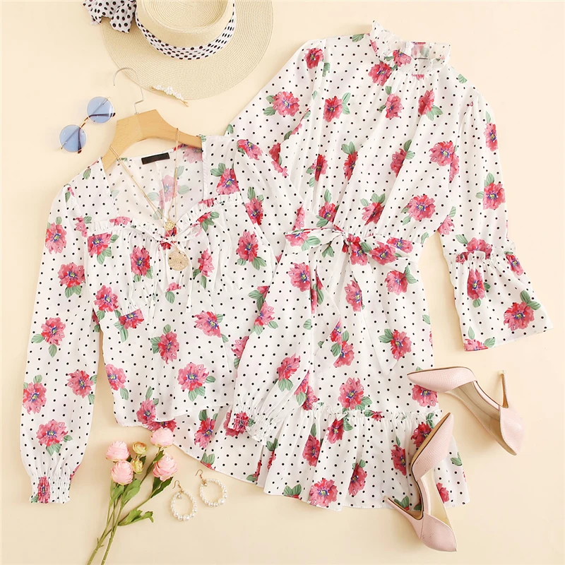 Dotfashion, белое платье в горошек с воротником-стойкой и поясом, с рукавами-колокольчиками, Женская винтажная одежда, весна, бохо, короткое платье трапециевидной формы