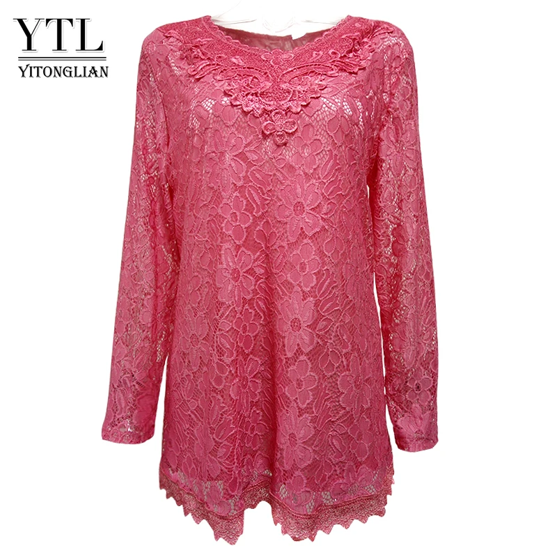 

YTL Women Plus Size Retro Solid Pink Floral Lace Blouse Long Sleeve V Neck Crochet Tunic Top Ladies Shirts Tee 6XL 7XL 8XL H026