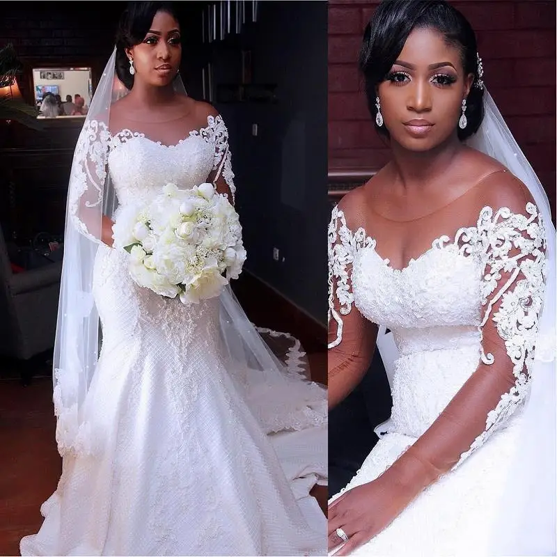 

Vintage African Mermaid Wedding Dresses 2021 Vestido De Noiva Long Sleeve Lace Wedding Gowns Black Girl Women Bride Dress