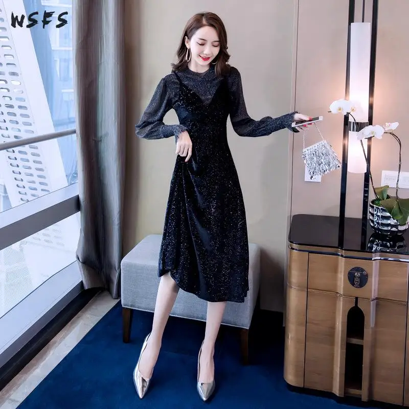 

2 Pieces Set Autumn Womens Black Mesh Tops See Through Vintage Velvet Long Maxi Braces Skirt Ladies Sexy Party Aline Dresses