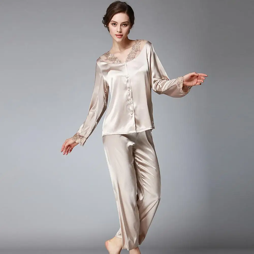 Женский Шелковый Пижамный костюм на пуговицах однотонная атласная кружевная