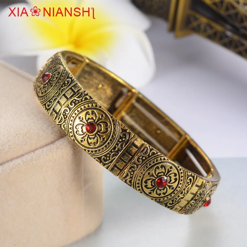 

Vintage Elastic Force Cuff Bracelet & bangles For Women Bohemia Ancient gold Silver Color Flower Bracelet Crystal Luxury Jewelry