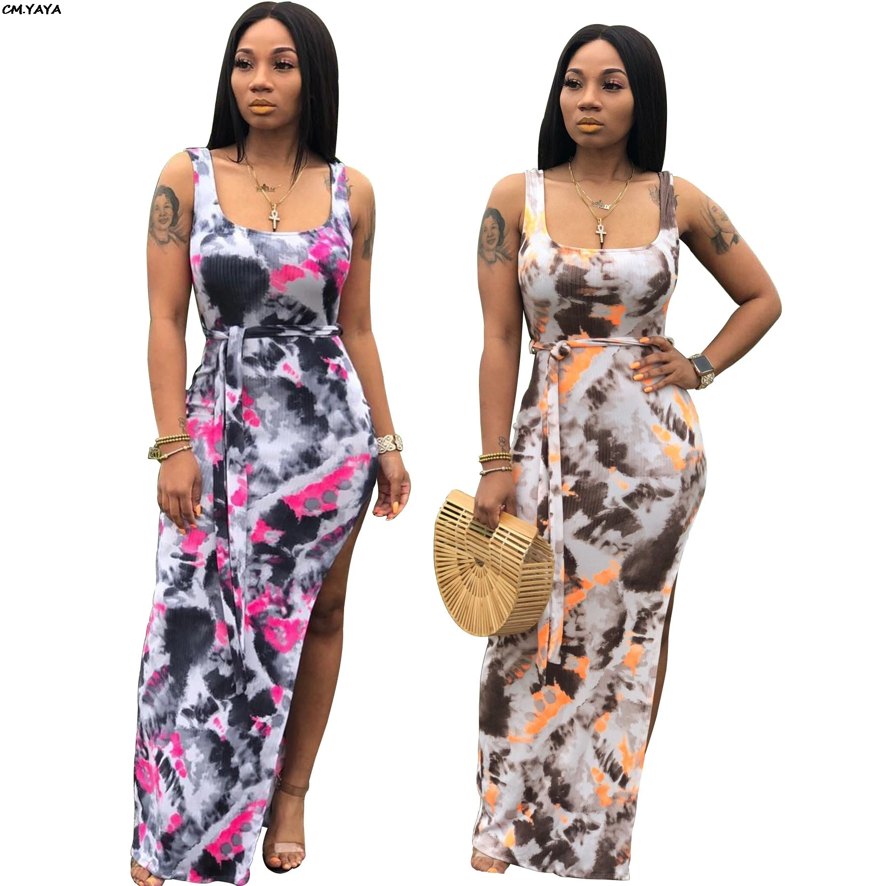 Женское длинное платье без рукавов с разрезом по бокам и поясом Модное Длинное