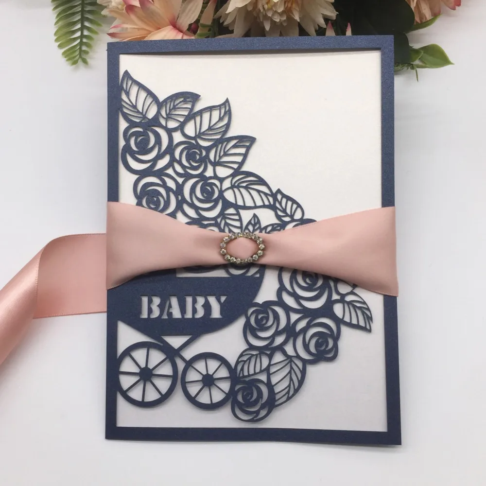 50pcs Laser Cut Baby Carriage Pattern Invitations Card With Ribbon Shower Birthday Greeting Gift | Дом и сад