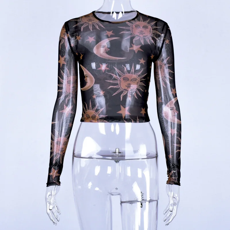 2019 New Spring Mesh See Through Women T Shirts Sexy Moon Sun Print Navel Bare Cropped Tops Female Party Club O Neck Shirt | Женская