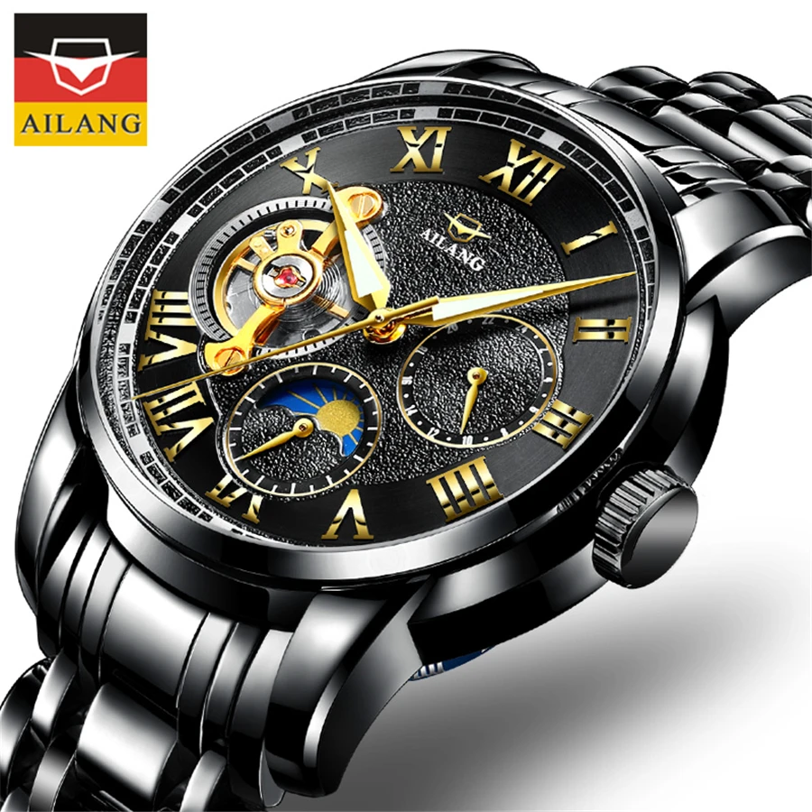 

Tourbillon Automatic Mechanical Watches Black Steel Moon Phase Men Watch Sport Business Clock Male Clock Relogio Masculino NEW