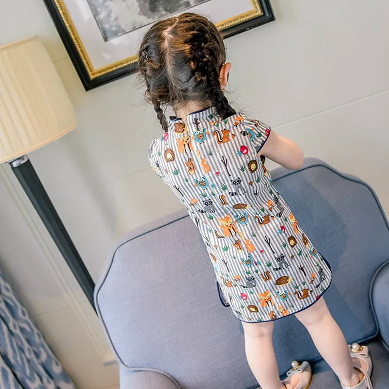 Китайское платье принцессы Cheongsam; летнее платье для маленьких девочек; детская одежда; милое хлопковое платье принцессы без рукавов с цветочным принтом