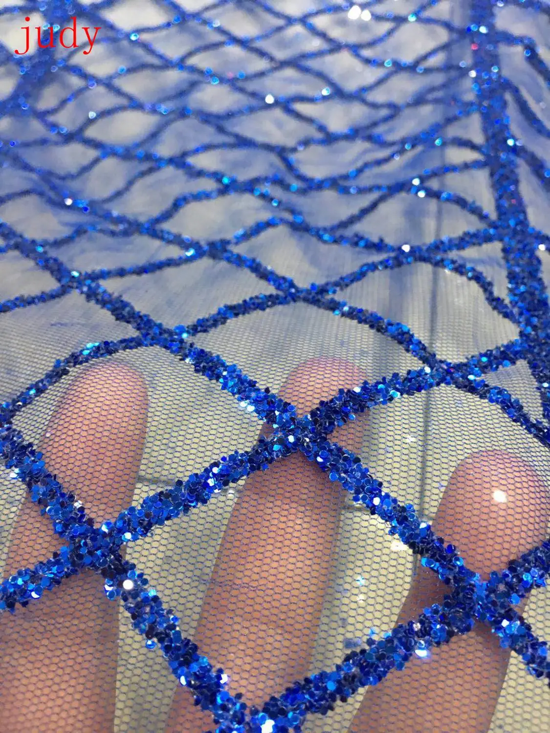 

Blue irregular mesh twill glitter powder fashion French cloth used for dress fashion stage Free shipping