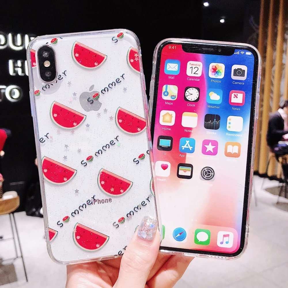 Блестящие Фрукты Вишня лимон арбуз клубника чехол для iPhone 8 7 6 S плюс X Xs Max Xr