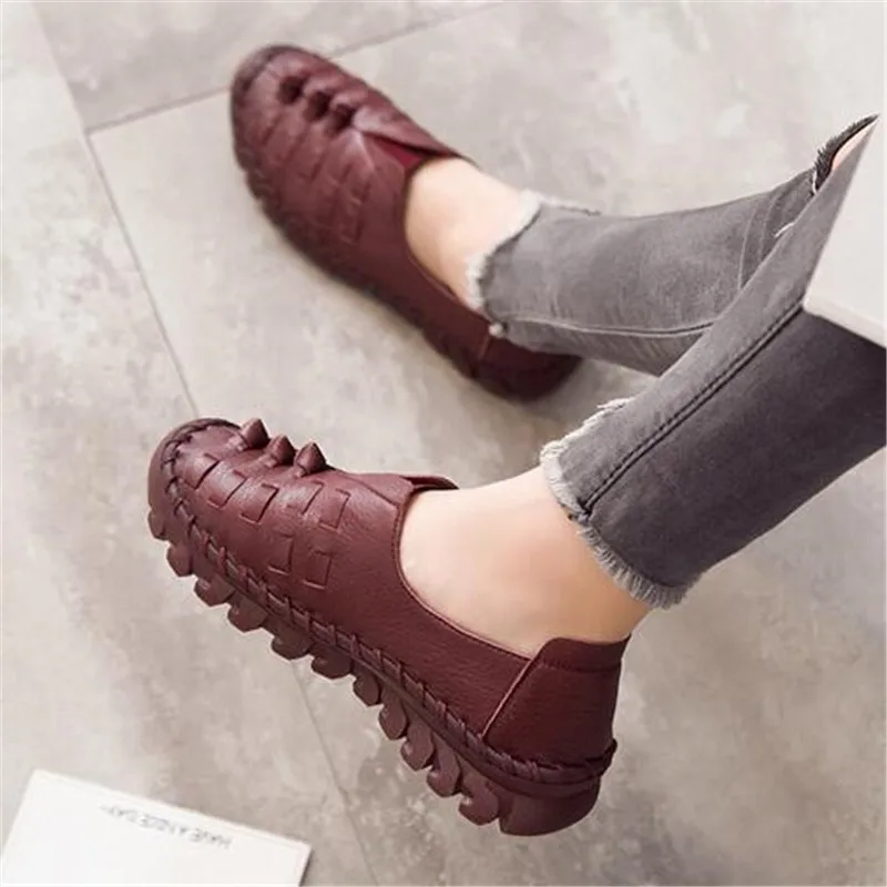 

2019 New Autumn Breathable Handmade Shoes Woman Full Genuine Leather Shoes Flat Shoes Non-slip Comfortable Fashion Casual Shoes
