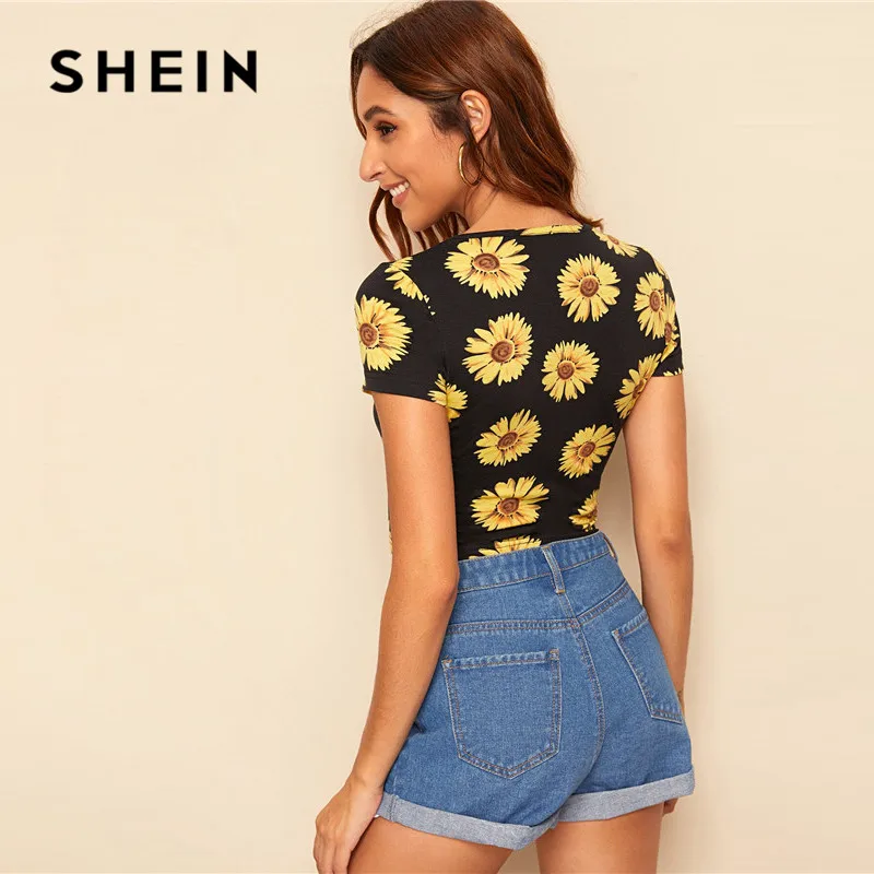SHEIN, укороченная Футболка с принтом подсолнуха, женская одежда, летняя Приталенная футболка с круглым вырезом, повседневные Черные женские топы с коротким рукавом