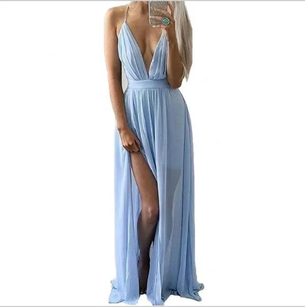 Модное синее длинное платье макси для женщин на тонких бретельках с v образным