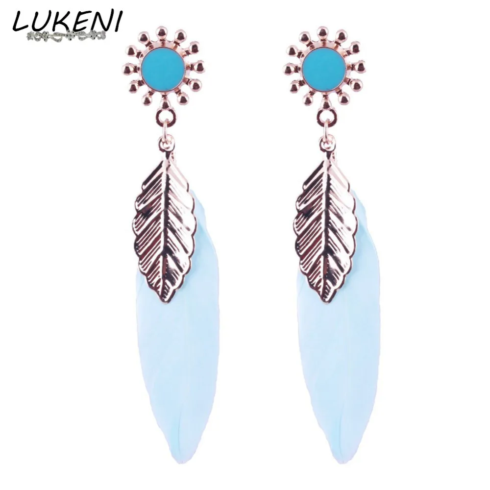 

LUKENI 10pairs 2017 Fashion Jewelry Blue Long Feather Tree Style Drop Dangle Earrings Fresh Wedding Earrings for Women DE135