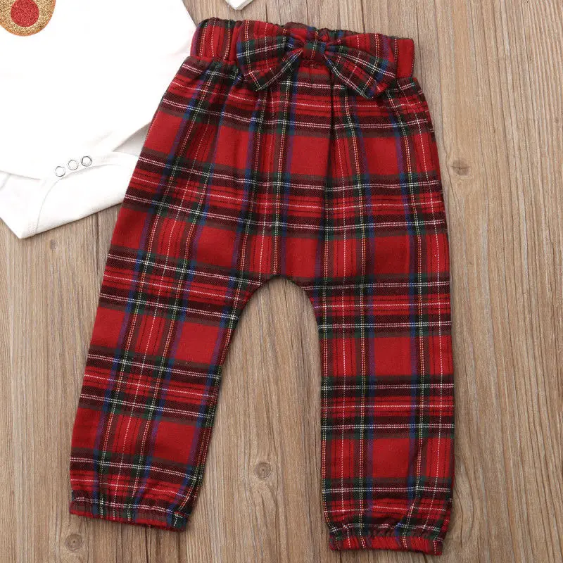 Christmas Newborn Baby Boys Girls Deer Print Clothes Sets Long Sleeve Cartoon White Romper Tops+Plaid Red Pants | Детская одежда и