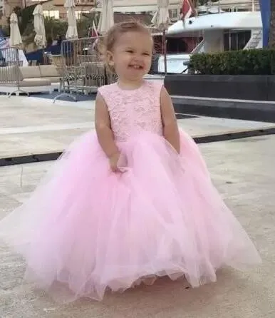 New Pink Baby Gowns Tulle Lace Little Girls Birthday Gown with Big Bow Flower Girl Dress for Wedding Custom Made Longo