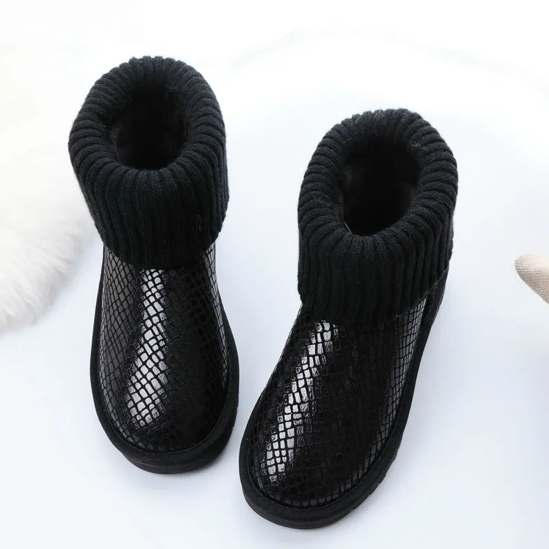 Женские зимние ботинки из 2017 натуральной кожи вязаные Водонепроницаемые средней