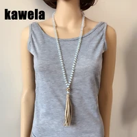 fashion glass beads brown leather tassel pendant long necklace beaded jewelry for women female