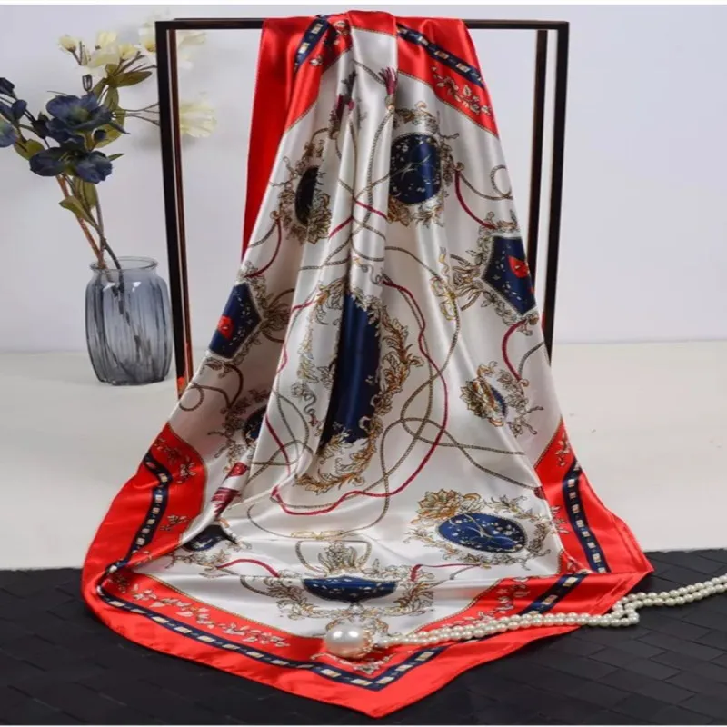 Шелковые шарфы для женщин с принтом Foulard, атласные шарфы с квадратной головкой хиджаб для дам, роскошные брендовые шали 90*90, бандана, большой шарф