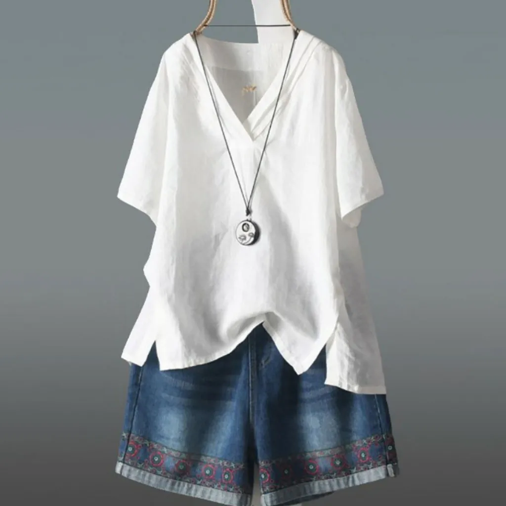 Повседневная Женская свободная льняной Топ белого и розового цвета с коротким