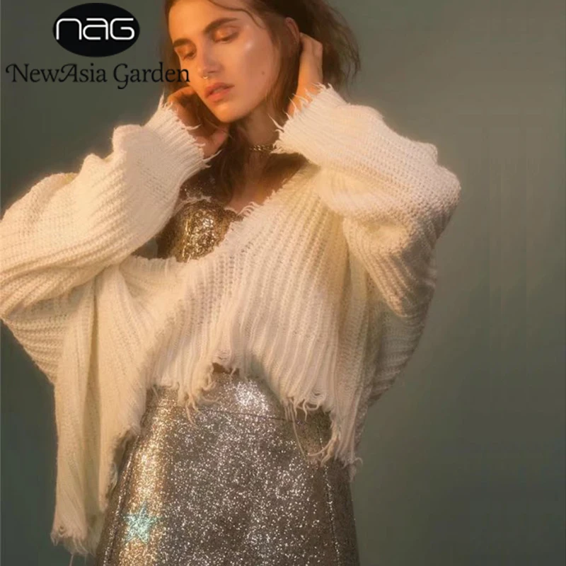 NewAsia Garden Sexy V Neck Loose Fit Sweater Autumn Spring Jumper Long Batwing Sleeve Tassel Winter Knitwear Pullover Outfits | Женская