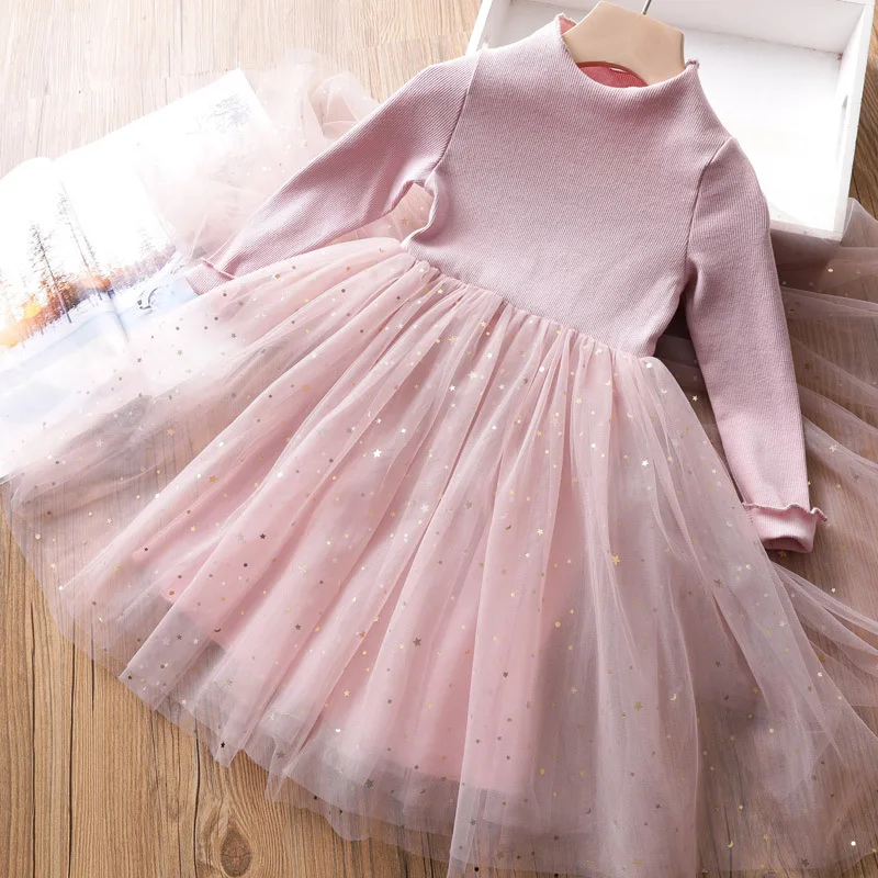 Весенне-осеннее платье для девочек с длинным рукавом платья блестками