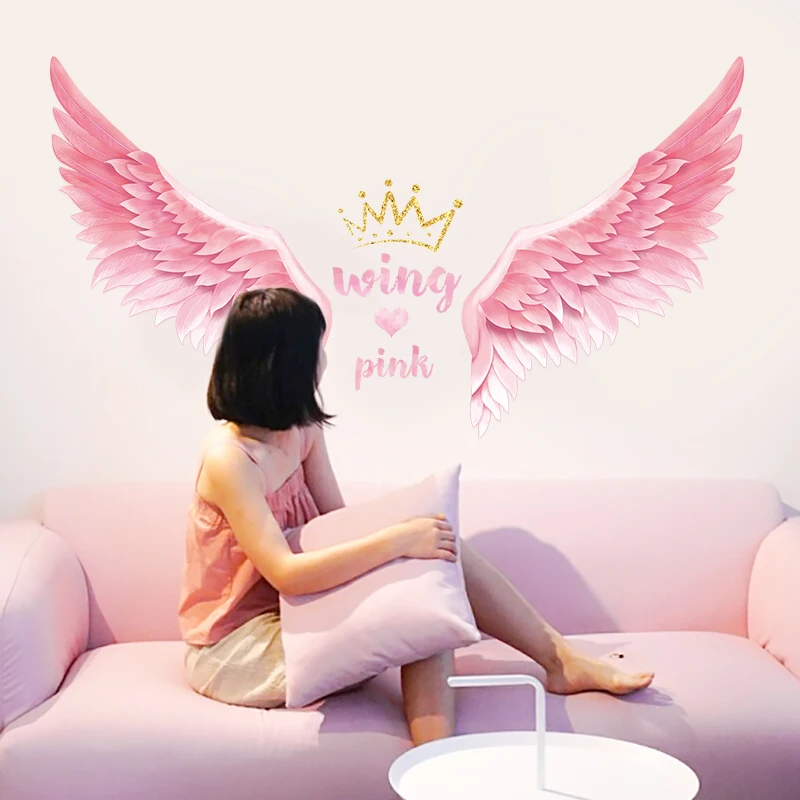 Girl Heart Pink Feather Wings Wall Sticker Bedroom Dormitory Room Creative Decorative Stickers Self-adhesive 3d effect decals