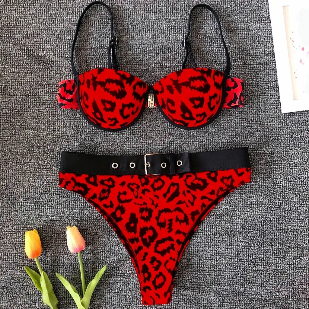 Женский купальник бикини с леопардовым принтом треугольный пуш ап Летний