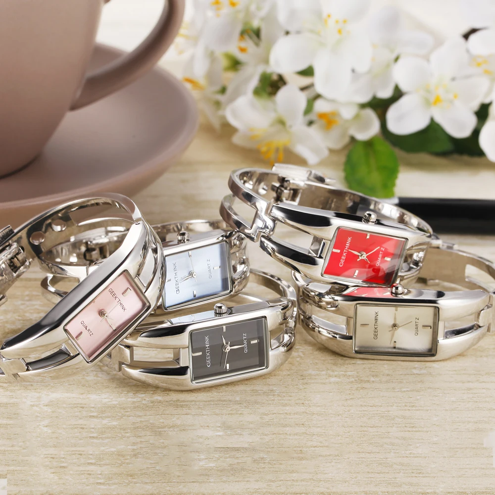 Часы женские с браслетом из нержавеющей стали прямоугольные яркие розовые