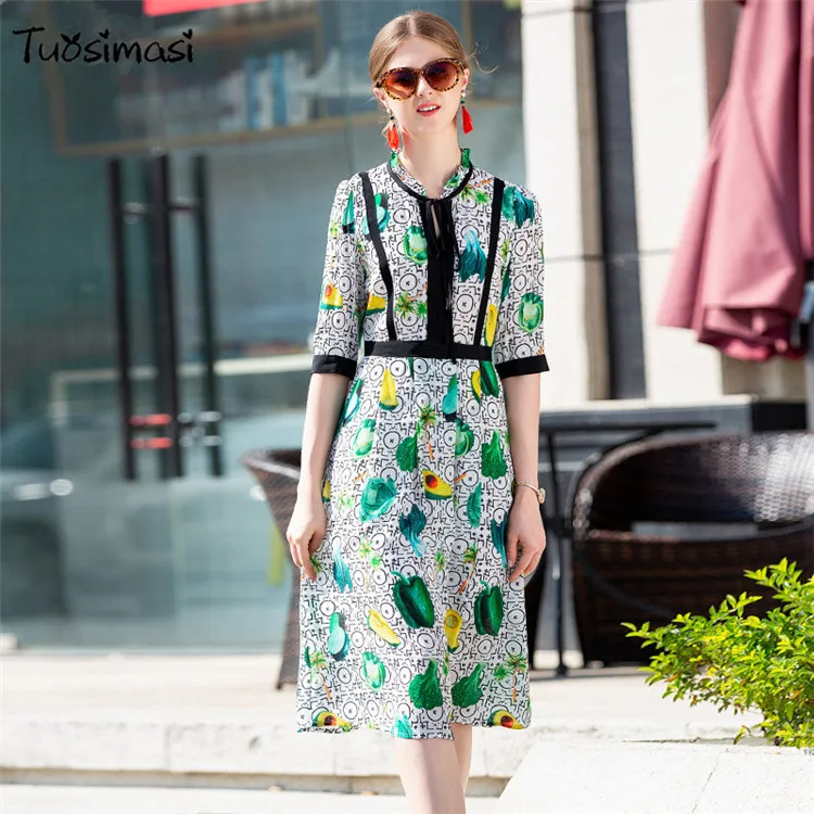 2019 Новый Весна осень с принтом фрукты и бантом шелковая коротким рукавом платье