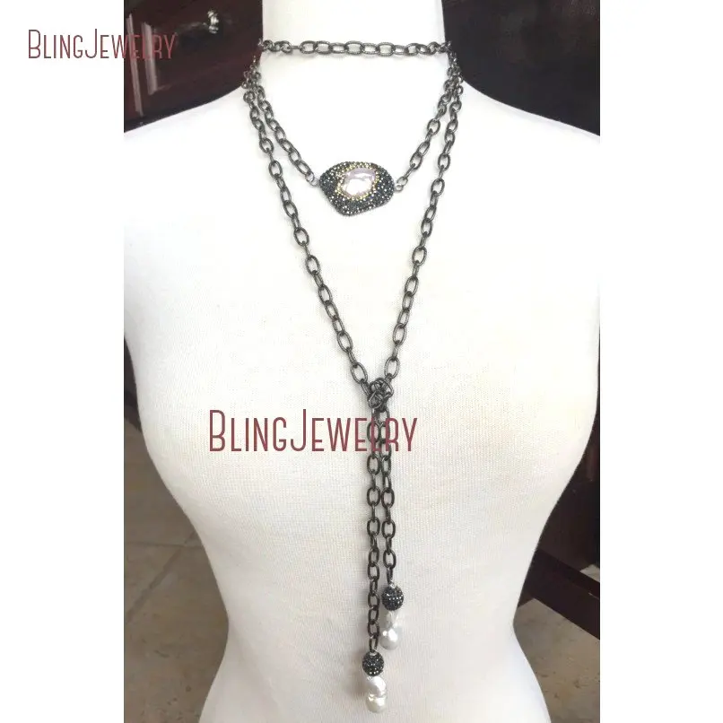 White Freshwater Baroque Pearl Necklace Gunmetal Pave Crystal Ball on Chain Lariat NM18365 | Украшения и аксессуары