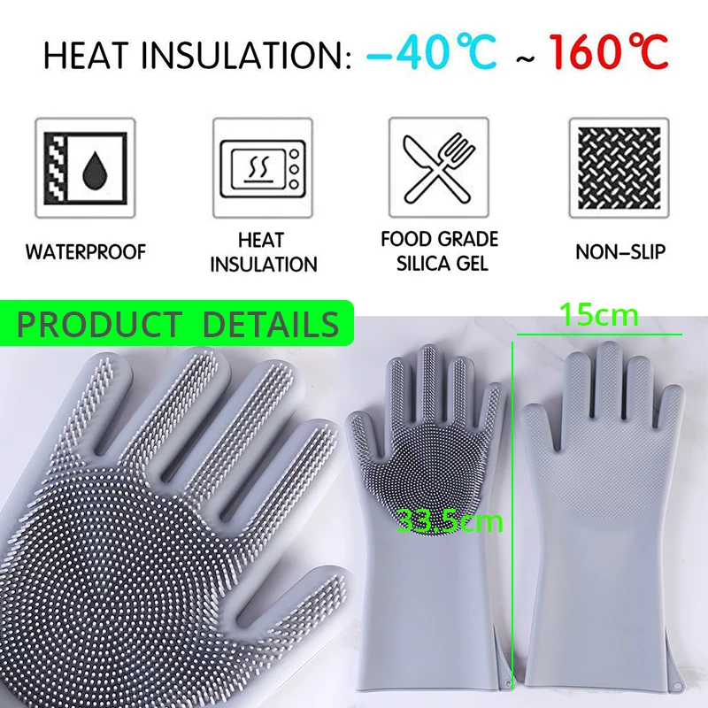 

Silicone Cleaning Gloves Dishwashing Scrubber - Reusable Dish Wash Scrubbing Sponge Gloves with Bristles