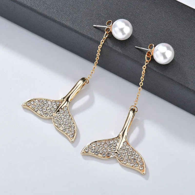 

Luxury Women Jewelry Mosaic Zircon Fish Tail Dangle Earrings Trendy Fresh Pearl Gold Color Dangle Earrings For Girl Wedding Gift