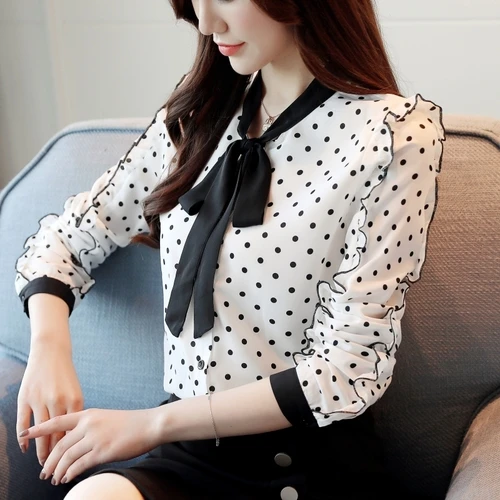 мода женщин блузки осенью горошек с длинными рукавами рубашки