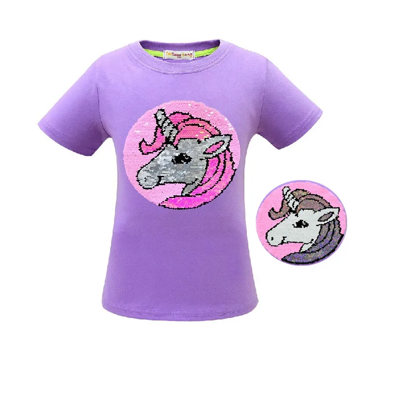 3488 Purple Футболка с единорогом летняя одежда для маленьких девочек Camiseta Unicornio, футболка топы для девочек, Femme, Детская футболка, Enfant, для дня рождения, цветная, с блестками - Цвет: 3488 Purple