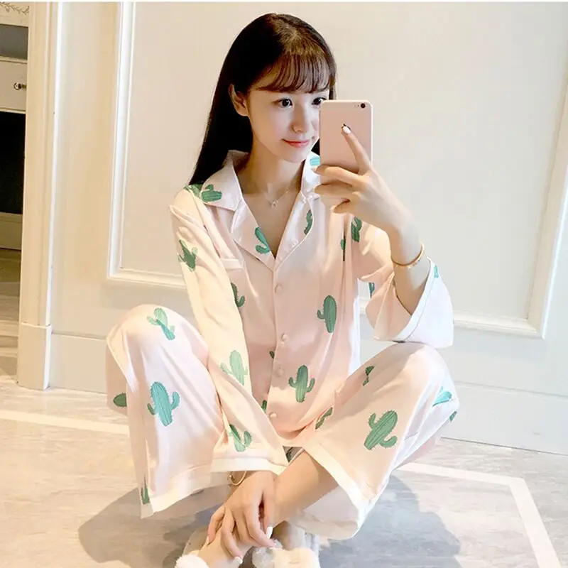 CFYH Шелковая пижама С КАКТУСОМ для женщин осень и зима с длинным рукавом вискоза