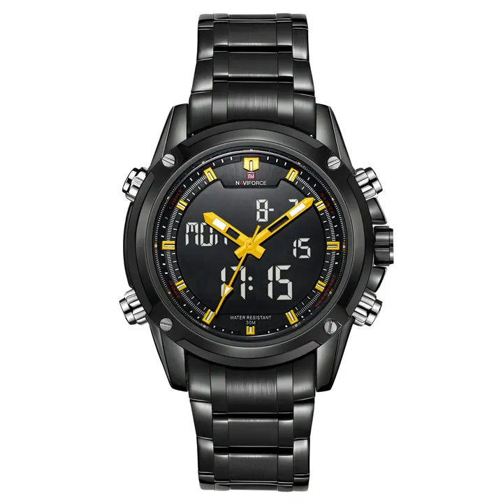 BLACK YELLOW NAVIFORCE, военные часы, люксовый бренд, кварцевые, светодиодный, цифровые часы, полностью стальной ремешок, водонепроницаемые, армейские, модные, двойное время, аналоговые часы - Цвет: BLACK YELLOW