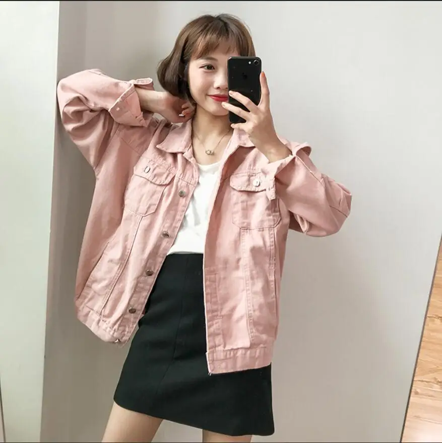 Pink Весенняя джинсовая куртка для женщин бойфренд джинсовое пальто уличная Harajuku винтажные яркие куртки Осенняя Повседневная Верхняя одежда B493 - Цвет: Pink