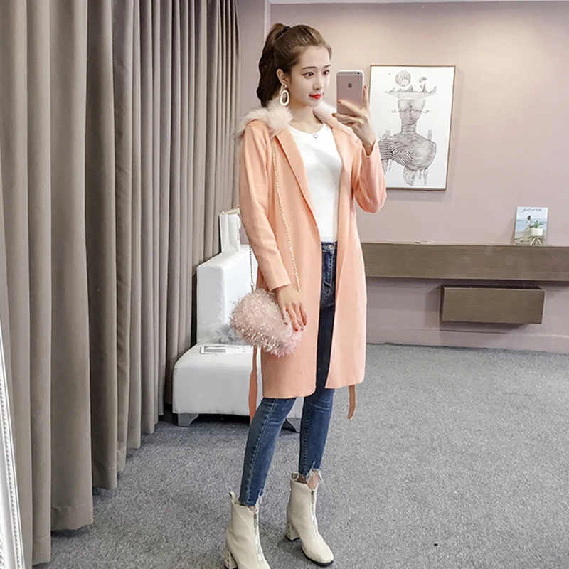 

2018 New Fur collar Sweater Winter Coat Knitted Outerwear Women Cardigans Warm Coats With Sashes Medium Long Sweaters Female