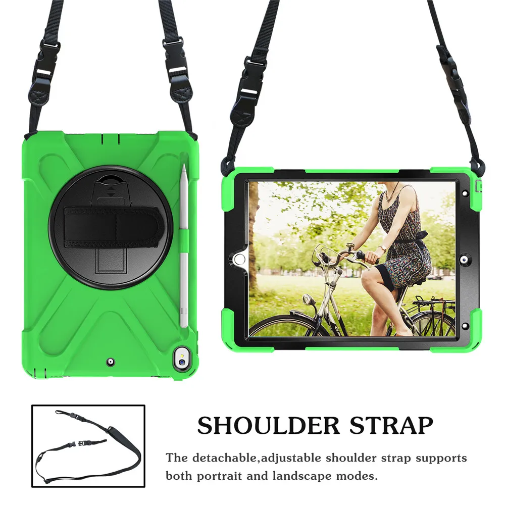 green shoulder strap Сверхмощный Детский защитный чехол для Apple iPad Pro 10. ", ПК и силиконовая подставка для рук и плечевых ремней для планшетов Чехол для iPad Pro 10. 5" - Цвет: green shoulder strap