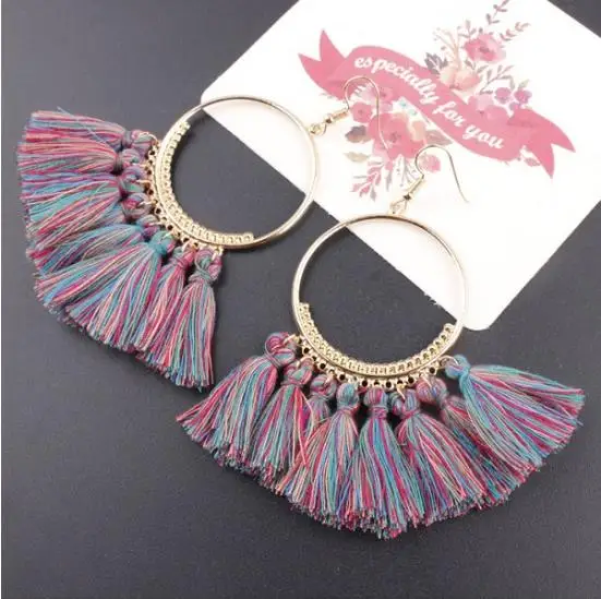 Style 14 HIYONG, женские серьги с кисточками, 17 цветов, этнические большие висячие серьги, богемные модные ювелирные изделия, трендовые длинные висячие серьги с хлопковой веревкой и бахромой - Окраска металла: Style 14